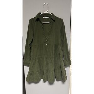 Zara‎ Corduroy Women's Tiered Hem Collared Boho Dress Green Size Extra Small